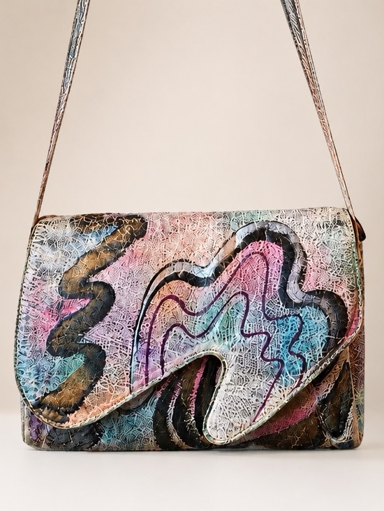 Vintage Handbags - OOAK VTG 80s Brit Rosen Signed Hand Painted Abstract Leather Shoulder Bag Purse